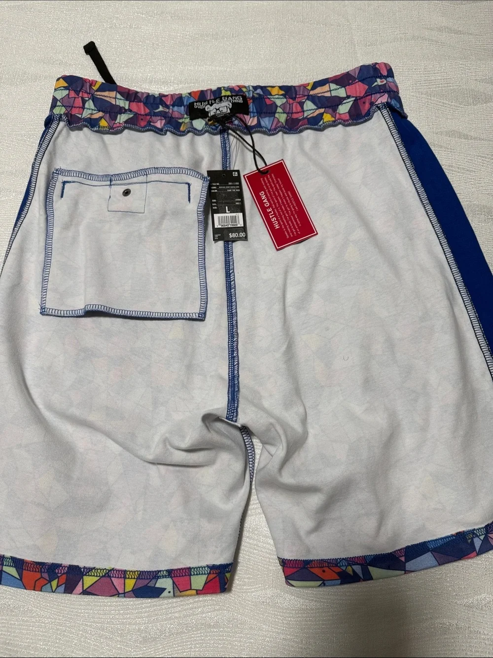 HUSTLE GANG Men Multicolor Mosaic Athletic Shorts with Blue Side Panels size L